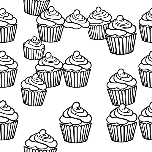 Create a seamless pattern of outlined cupcakes on a soft beige background, high resolution 300dpi, shot with a DSLR camera at f/8 aperture, 50mm lens, focused for a clean, crisp design.