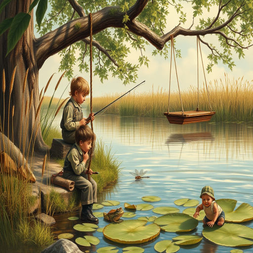 Imagine a small group of old fashioned young boys out fishing by the creek, a swing hanging from a tree branch, reeds and grasses by the water's edge, a frog sitting on a lily pad, dragonflies hovering over som water plans, a very iconic old fashioned scene reminiscent of a Norman Rockwell painting style