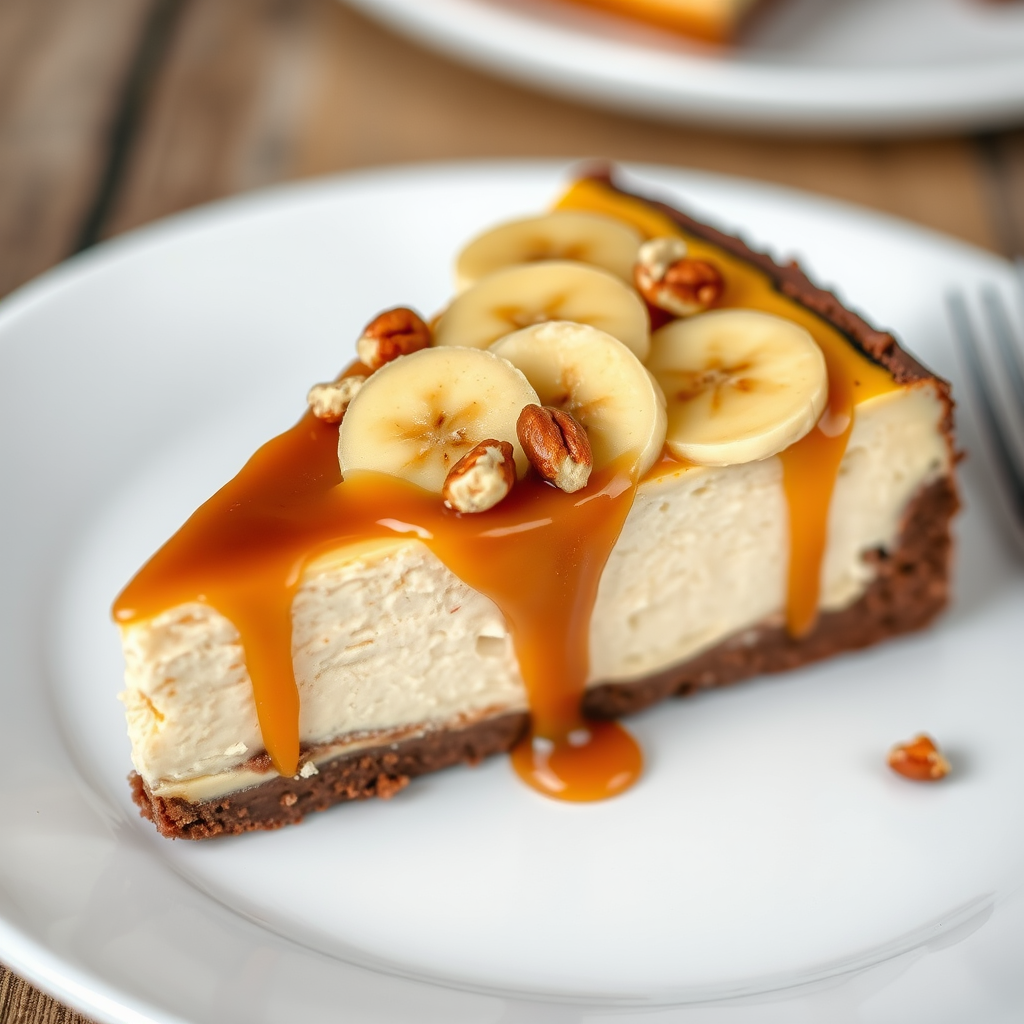 Create an image of a slice of banana caramel cheesecake with a smooth caramel topping drizzled over it topped with banana slices and chopped nuts on a white plate. The cheesecake should have a layered appearance with a chocolate crust and creamy filling.
