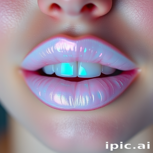 Radiant opal lips shimmer with iridescent white and pastel rainbow hues, creating a magical and ethereal effect perfect for editorial imagery