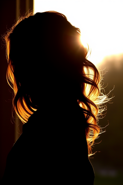 Create a high-resolution silhouette of a woman in profile with soft curves and intricate details in her hair, using a DSLR camera with a 50mm lens at f/1.8, 1/200 sec shutter speed, ISO 100, natural backlighting for a smooth silhouette effect.