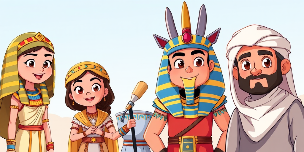 Create a vibrant illustration of four animated characters in historical costumes: an ancient Egyptian girl, an archaeologist, the Egyptian god Anubis, and a Middle Eastern man, using a digital art style with bright colors and clear outlines, captured with a Canon EOS R5 in portrait mode at f/4, 1/250 sec, ISO 100, with soft natural lighting.