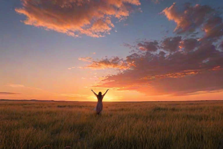 Sunset over an open prairie, the sky painted with hues of orange and pink, a woman stands alone on the grassland, her arms outstretched as if to embrace the vastness around her.