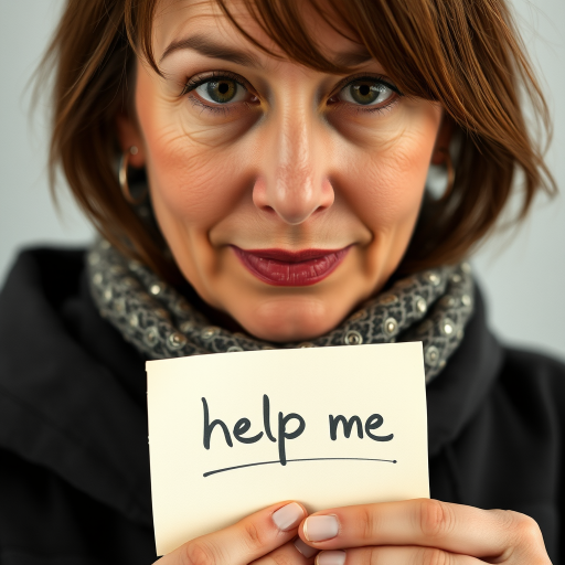 woman holding a note which says "help me"