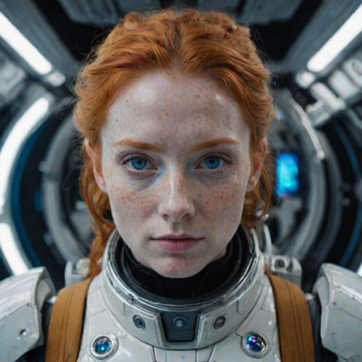 photo of a ginger woman, in space, futuristic space suit, (freckles:0.8) cute face, sci-fi, dystopian, detailed eyes, blue eyes
