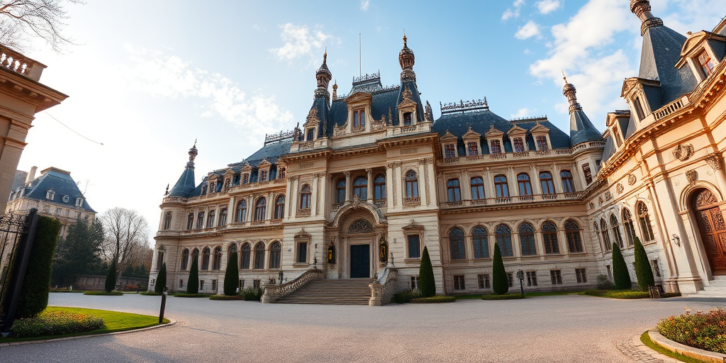 Create a high-resolution image of a grand chateau with intricate architectural details in a panoramic view, taken with a DSLR camera at f/8, 1/250s shutter speed, ISO 100, using a wide-angle lens at 24mm for enhanced depth and clarity during daylight.