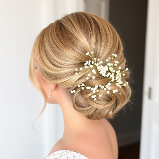 Romantic bride with a soft, low chignon adorned with delicate baby's breath flowers and featuring a subtle champagne blonde balayage
