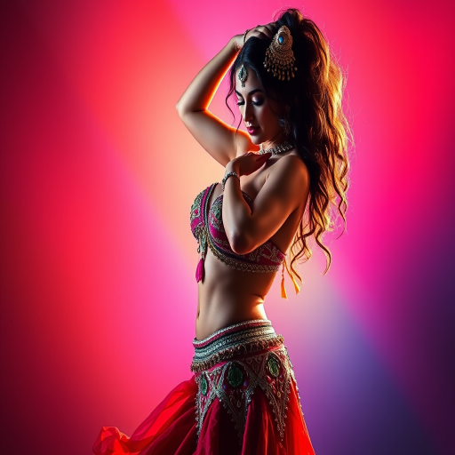 Create an image of a belly dancer in a vibrant costume, captured with a DSLR camera at f/2.8, ISO 200, shutter speed 1/250s, side lighting for dynamic shadows, with a shallow depth of field to focus on the dancer against a colorful gradient background.