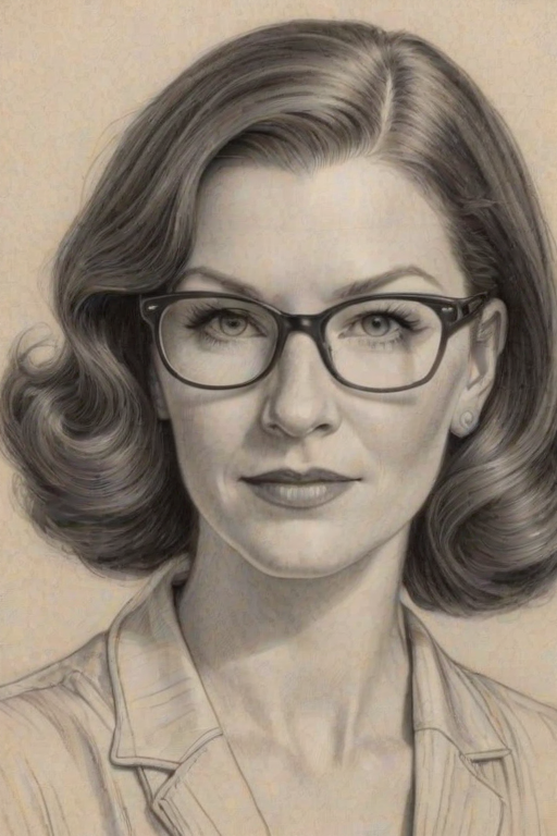 Sublime Kate Flannery, pencil sketch, portrait of Alluring woman 1938s in glasses, hair style beatnik, outline, clear lines, fine lines, 8k