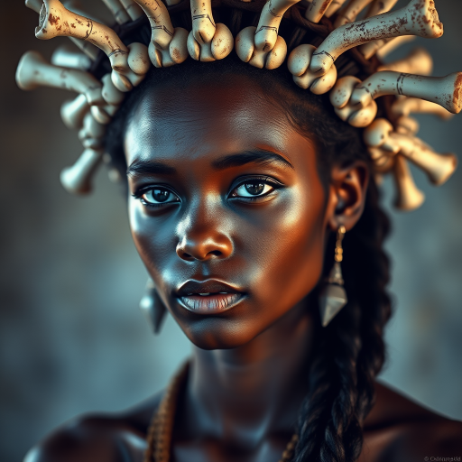 Generate a highly detailed portrait of a young woman with a unique bone headdress, soft lighting, shallow depth of field, 85mm lens, f/1.8 aperture, ISO 100, with a slightly blurred background to enhance facial features and textures.