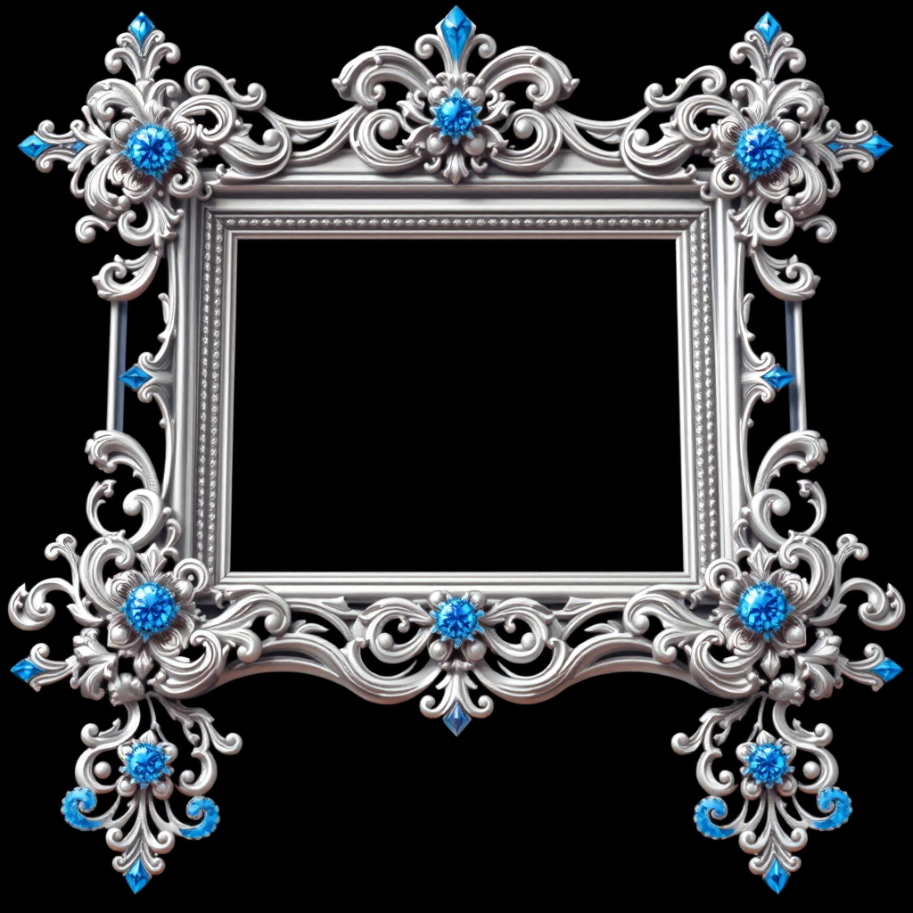 Create a highly detailed illustration of an ornate picture frame with intricate silver filigree and blue embellishments on a black background, captured with a DSLR camera at f/2.8, ISO 100, 50mm lens, in a macro photography style for enhanced sharpness and clarity.