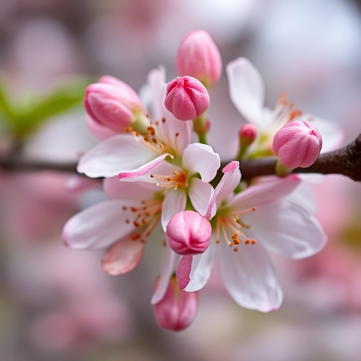 Close-up of blooming apple flowers with pink buds on a branch, soft focus background, taken with a DSLR camera at f/2.8, 50mm lens, ISO 100, 1/200 sec exposure, natural soft light.