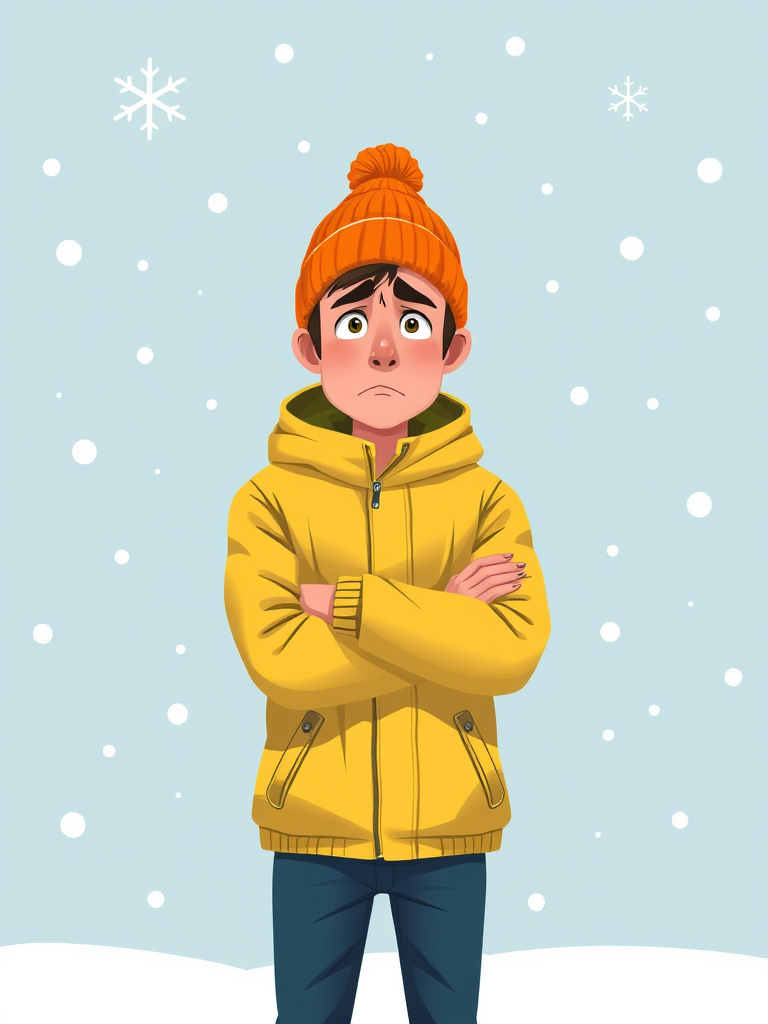 Create a digital illustration of a person wearing a yellow winter jacket and an orange beanie, standing with arms crossed and a worried expression against a light blue snowy background with white snowflakes, using a Canon EOS R5, 50mm lens, f/2.8 aperture, 1/200 sec shutter speed, and ISO 200 to enhance image clarity and detail.