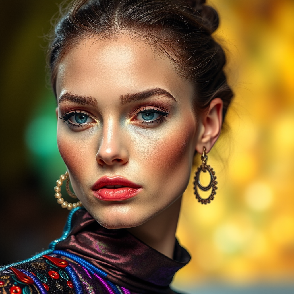 Runway capture, a beautiful model, vibrant colors, metallic textures, high fashion editorial , a 100mm macro lens to get extreme close-ups of intricate details like fabric stitching, accessories, or makeup artistry