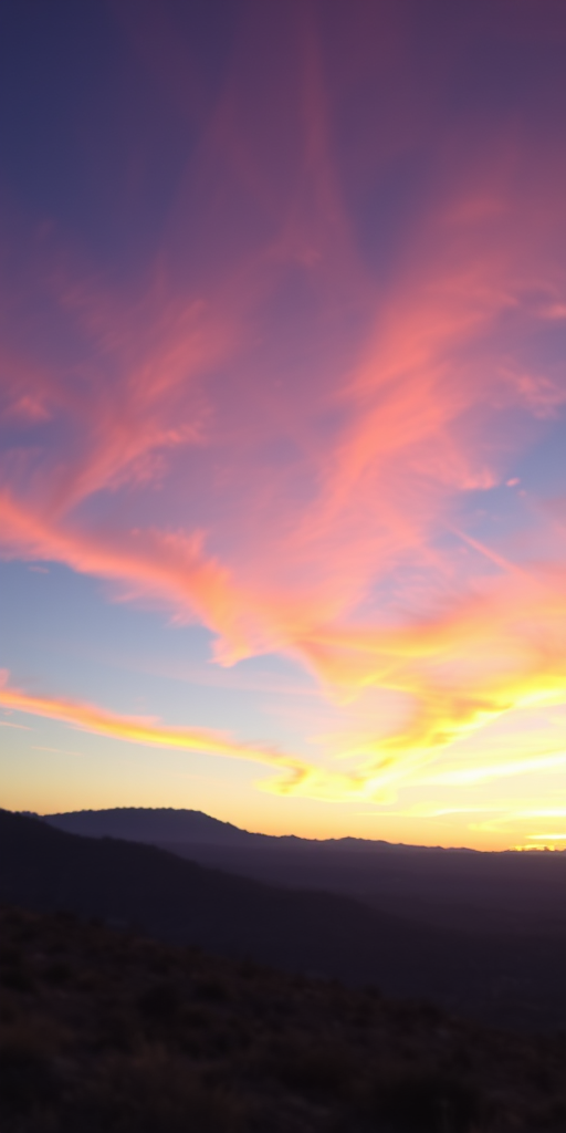 Generate a high-resolution image of a serene landscape at sunset, with vibrant colors in the sky, using a DSLR camera with a 50mm lens, aperture f/1.8, ISO 100, and shot from a low angle to capture foreground details and enhance depth of field.