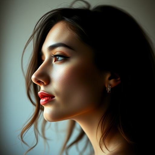 Create an abstract portrait of a woman in profile with digital distortion effects, using a Canon EOS R5, 85mm f/1.2 lens, with a shallow depth of field, shot at ISO 100, shutter speed 1/200s, and in soft natural lighting.