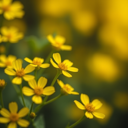 Create a vibrant close-up of delicate yellow flowers with a soft focus background, using a Canon EOS 5D Mark IV, aperture f/2.8, shutter speed 1/250s, ISO 100, natural light, macro lens, with a painterly texture.