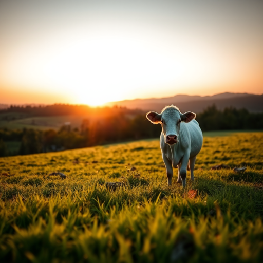 a serene landscape at sunrise featuring a white cow standing in a lush green field, surrounded by trees and distant hills, with a shallow depth of field, soft natural lighting, taken with a full-frame DSLR camera, f/2.8 aperture, 50mm lens, ISO 100, and a low angle viewpoint to enhance the foreground detail and create a warm atmosphere