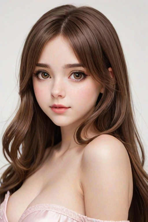 boop, 1girl, brown hair, long hair, solo, wide eyes, upper body, medium breasts, white background, blush