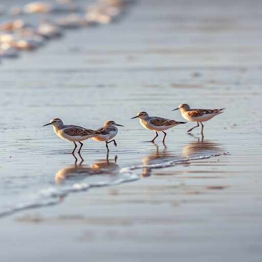 Capture a scene of four shorebirds wading through shallow water at the beach, taken with a Canon EOS 5D Mark IV, 500mm f/4 lens, aperture f/5.6, shutter speed 1/1000 sec, ISO 400, in natural light with a shallow depth of field for a soft background.