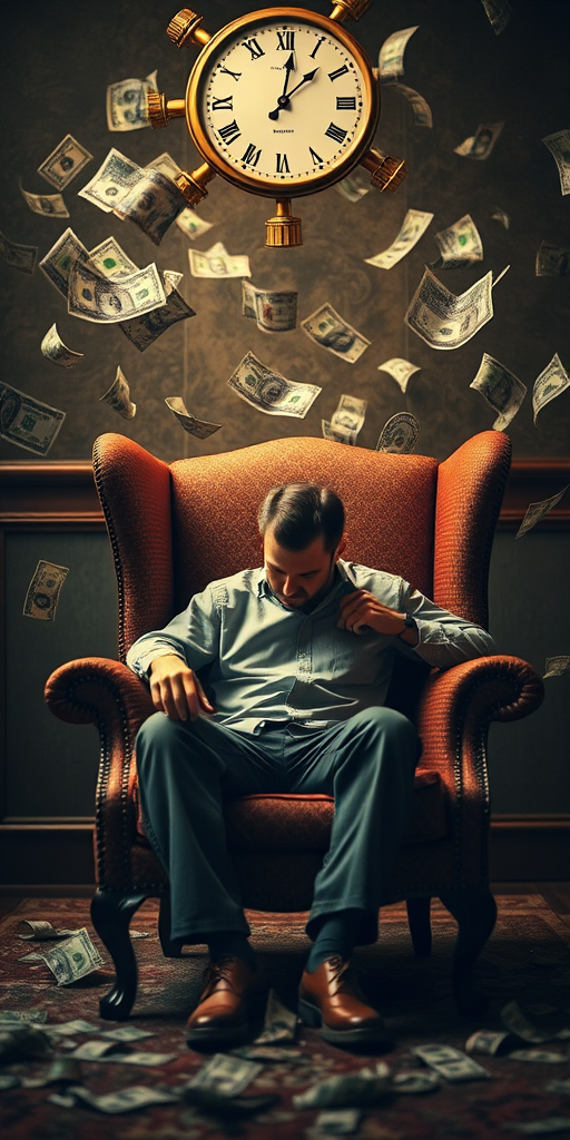 Create a surreal image of a man sitting in a vintage armchair with his head down, surrounded by a vortex of time and money, with soft warm lighting, using a DSLR camera with a 50mm lens at f/1.8, ISO 100, and a shallow depth of field to emphasize the mood.