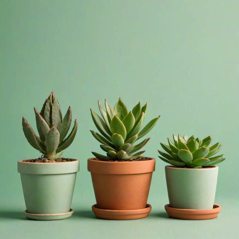 three stylized succulent plants in terracotta pots with a light green background