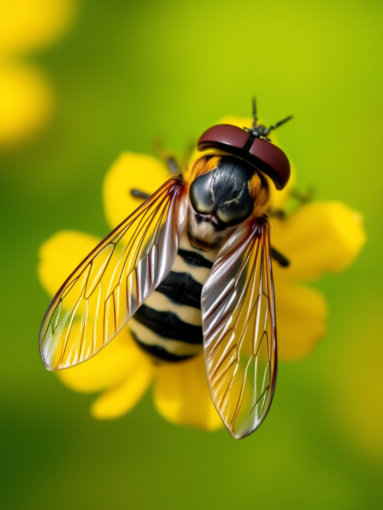 macro shot of a hoverfly on a yellow flower, f/2.8 aperture, 1/200s shutter speed, ISO 100, 100mm macro lens, soft natural lighting, shallow depth of field, focus on the fly, blurred green background