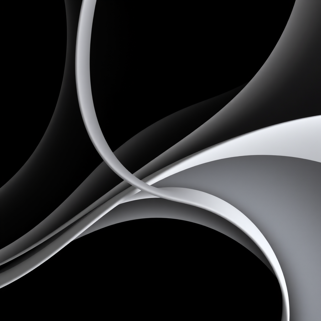 Create an abstract image of a series of smoothly curving lines in varying shades of gray on a black background, captured with a DSLR camera at f/8 aperture, 1/200s shutter speed, ISO 100, in a top-down view with a macro lens to enhance detail and quality.