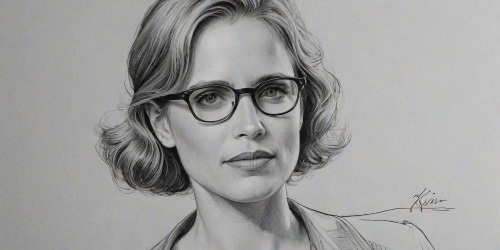 Elegant Kim Dickens, pencil sketch, portrait of Graceful woman 1933s in glasses, hair style beatnik, outline, clear lines, fine lines, 8k