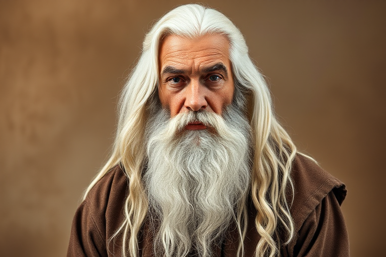 Create a hyper-realistic portrait of an ancient philosopher with flowing white hair and a long beard, captured with a Canon EOS 5D Mark IV, 85mm lens, f/1.4 aperture, ISO 100, 1/200s shutter speed, soft studio lighting, and a textured, warm-toned background.