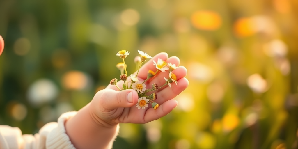 Softly focused image of a young child holding a handful of wildflowers, their small hand and the delicate petals bathed in soft morning light, with a blurred meadow in the background.