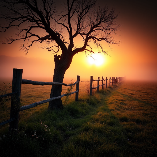 A serene countryside landscape at dawn, with a misty orange glow filling the air. The sun rises behind a large twisted and gnarled bare tree, casting a warm light over the scene. A rustic wooden fence, weathered and overgrown with vines and delicate wildflowers along the fence line, stretches into the distance, dividing a grassy field that fades into the fog. The grass is dew-kissed and shimmering, and there's a touch of mist rising from the ground. The sky gradually fades into darker shades as it reaches higher, enhancing the peaceful, dreamlike dark fantasy atmosphere