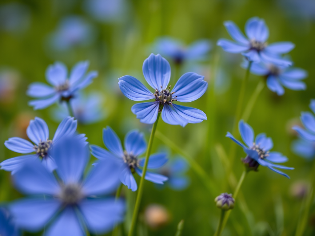 high-resolution close-up of blue flowers in a lush green field, aperture f/2.8, shutter speed 1/250, ISO 100, macro lens, soft focus background, taken with a DSLR camera