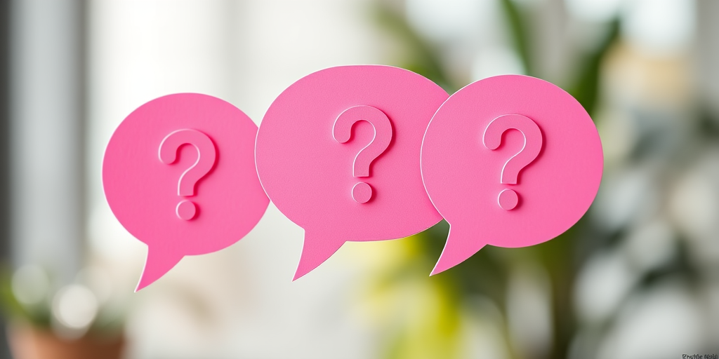 Generate an image of pink speech bubbles with question marks, soft focus background, natural lighting, 50mm lens, f/1.8 aperture, ISO 100, shot from a slightly elevated angle to enhance depth.