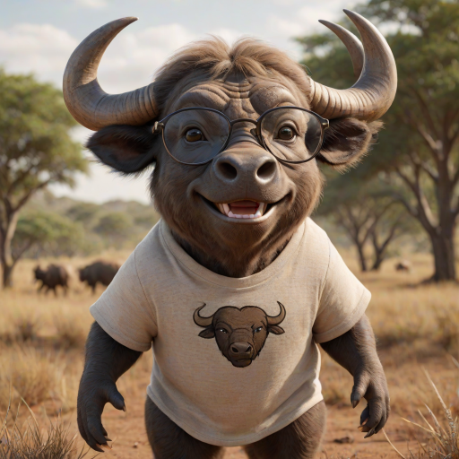 Hyperrealistic 3D render of a smiling cartoon Cape Buffalo wearing glasses and a beige t-shirt with a smaller buffalo image printed on it, missing some teeth, set against a blurred African savanna background, detailed fur, 8k resolution, octane render, artstation trending.