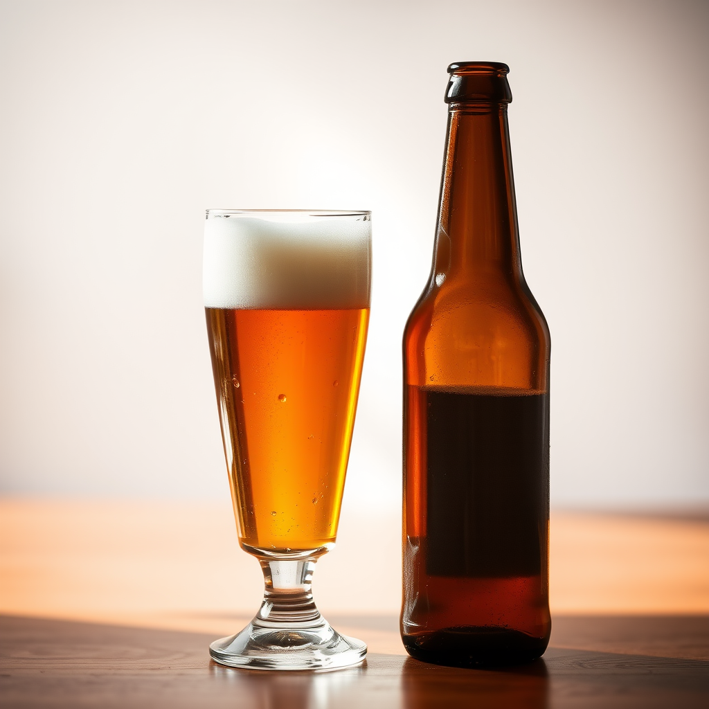 Generate an image of a brown glass beer bottle next to a filled beer glass, captured with a DSLR camera at f/2.8 aperture, 50mm lens, in a soft-focus style with natural lighting for enhanced clarity and detail.