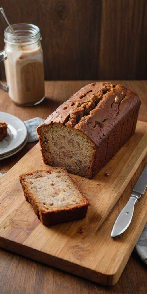 Create an image of a moist and richly textured loaf cake on a wooden cutting board. Slice the cake to reveal its soft interior, and include a glass of iced coffee beside it. The setting should have a cozy kitchen vibe with soft lighting.