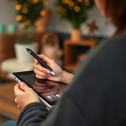 Create a high-resolution image of a person using a stylus on a tablet, captured from an over-the-shoulder angle with a shallow depth of field, using a DSLR camera at f/2.8 aperture, ISO 100, and shutter speed of 1/125 sec with natural lighting in a cozy indoor setting.