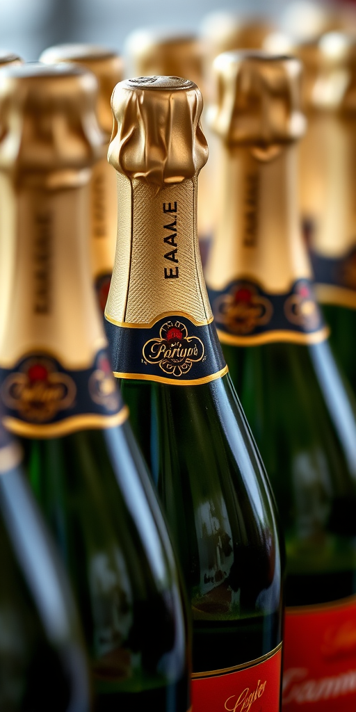 Close-up shot of champagne bottles arranged neatly, shallow depth of field, natural lighting, f/2.8 aperture, 50mm lens, ISO 100, DSLR camera.