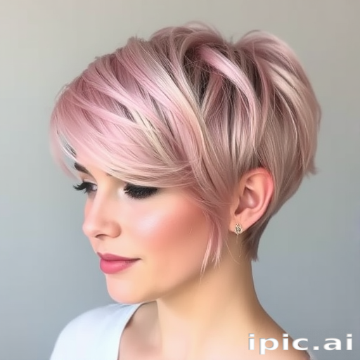 Soft rose gold pixie cut dubbed "Blush Whisper," showcases delicate layers and wispy bangs, featuring a subtle metallic sheen that catches the light beautifully, creating a feminine and ethereal appearance