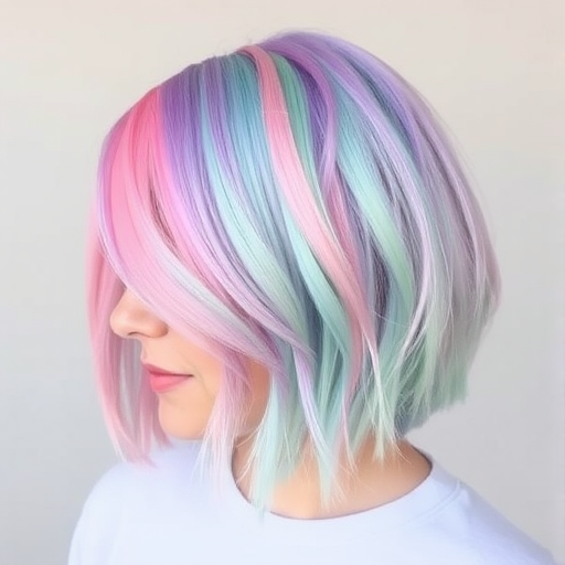 Whimsical Pastel Rainbow Bob combining soft pastel shades of pink lavender mint and baby blue in a perfectly blended short bob haircut with slightly textured ends