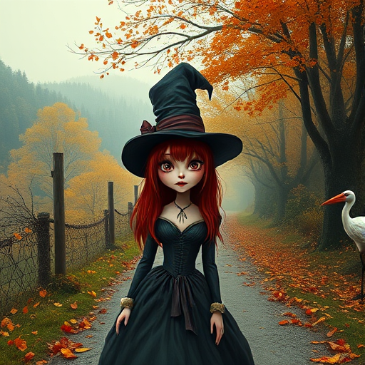 digital art fantasy depicting a strange girl with red hair, long eyelashes, brown lipstick and a tall hat walking along a winding road on an autumn afternoon, an Stork smiles as she passes
