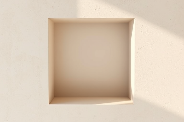 Create a realistic 3D rendering of an empty square recess in a textured beige wall, using a DSLR camera at f/8 aperture, ISO 100, 24mm focal length, with natural soft lighting from the top, shot in a top-down view.