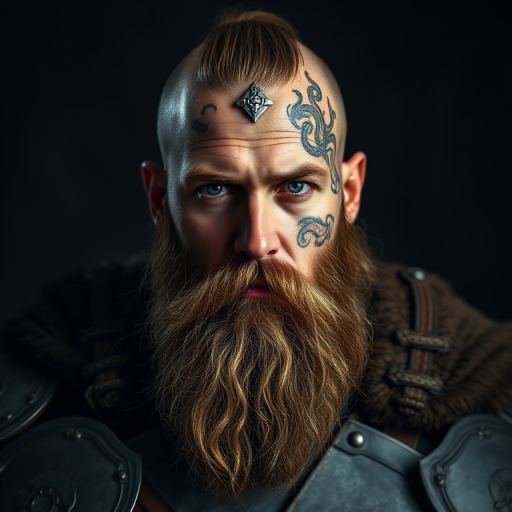 Create a highly detailed portrait of a Viking warrior with intricate tattoos and battle armor, set against a dark, moody background, using a 50mm lens at f/1.8, ISO 100, and a shallow depth of field to enhance the subject's features, with soft, dramatic lighting to highlight the textures of the armor and beard, captured with a DSLR camera.