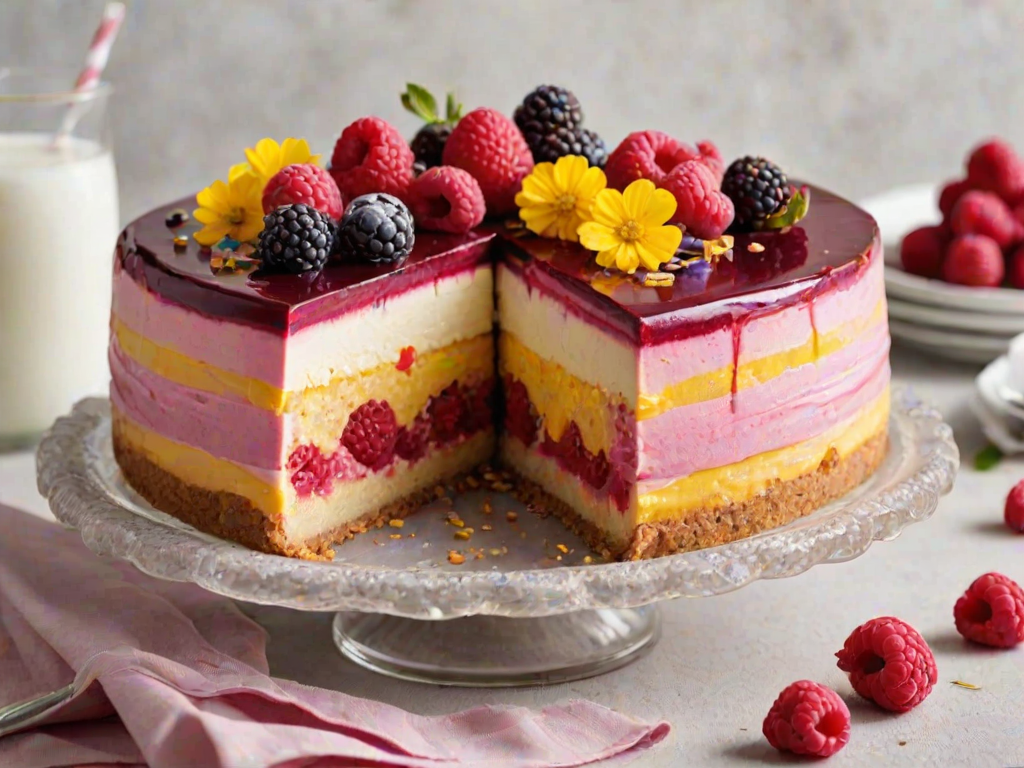 Create an image of a beautifully layered dessert with three distinct colors: yellow, pink, and red. The dessert should have a smooth, glossy surface and be garnished with fresh raspberries and edible flowers. The slice should be presented on a white plate with a fork beside it, showcasing the vibrant layers and a crumbly base. The background should be dark to enhance the colors of the dessert.