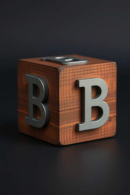 Create a highly detailed 3D rendering of a wooden cube with a metallic letter B on each side, using a Canon EOS 5D Mark IV with a 50mm lens, aperture set to f/8, ISO 100, and a softbox lighting setup to enhance texture and depth.