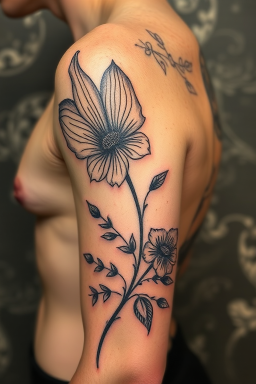 Engraving-style tattoo titled "Etched Elegance" replicating the look of vintage illustrations with fine cross-hatching techniques and meticulous attention to detail
