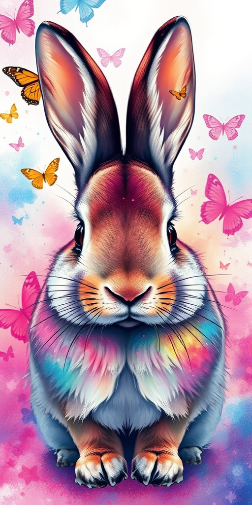 generate a vibrant and colorful illustration of a rabbit with a cosmic and watercolor background featuring butterflies, using a macro lens at f/2.8, 50mm focal length, in soft natural lighting for enhanced detail and depth.