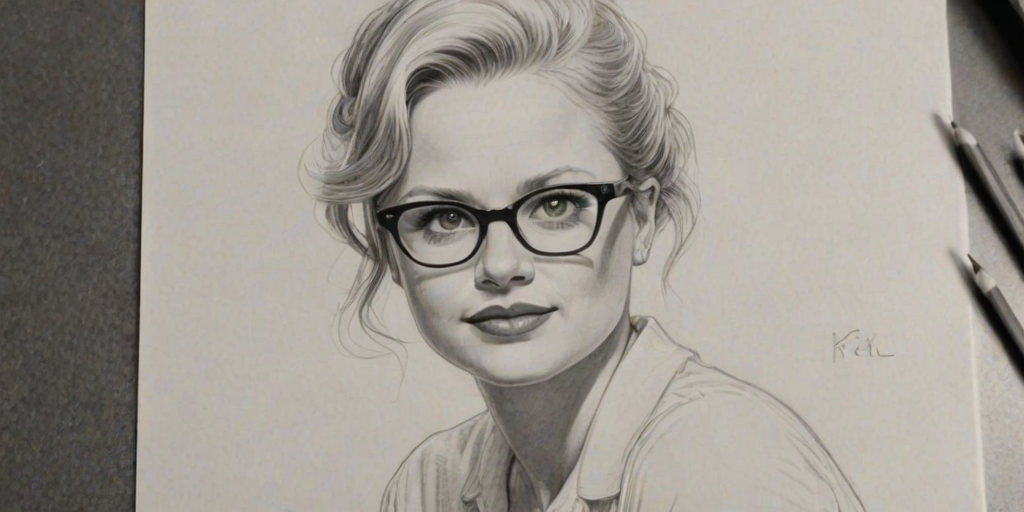 Alluring Lauren Potter, pencil sketch, portrait of Stunning woman 1951s in glasses, hair style beatnik, outline, clear lines, fine lines, 8k