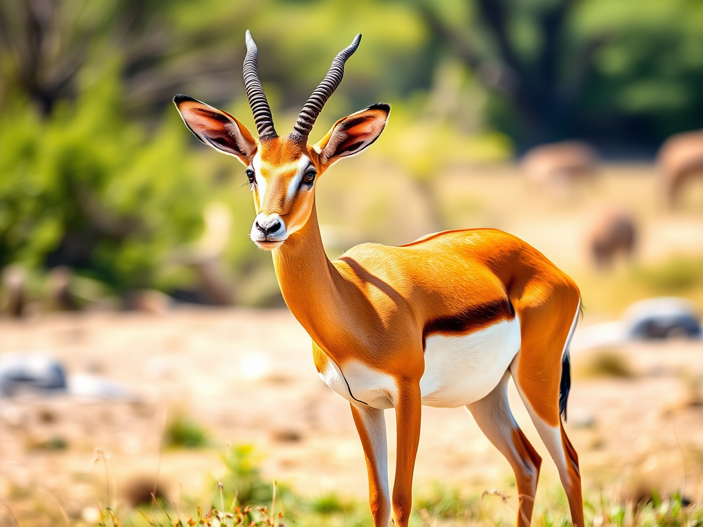 Regenerate a high-resolution image of a gazelle standing in a natural setting, use a DSLR camera with a 50mm lens, aperture f/1.8, ISO 100, focused sharp on the animal, soft bokeh background, natural sunlight to enhance details.
